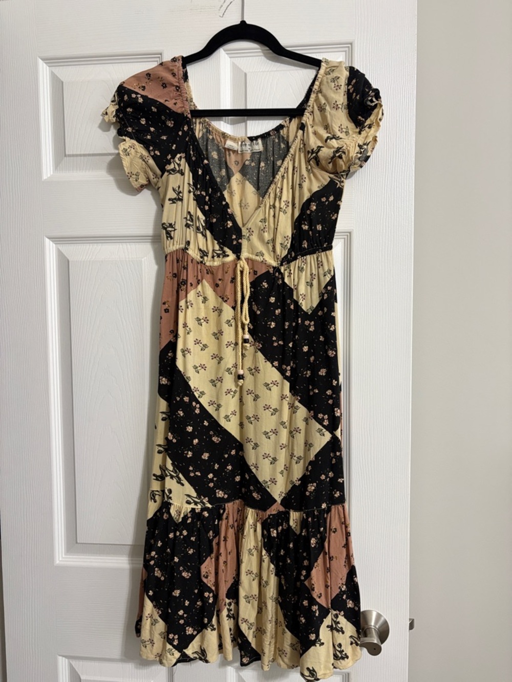 Tree of Life Patchwork Floral Midi Dress in Cream, Black & Brown